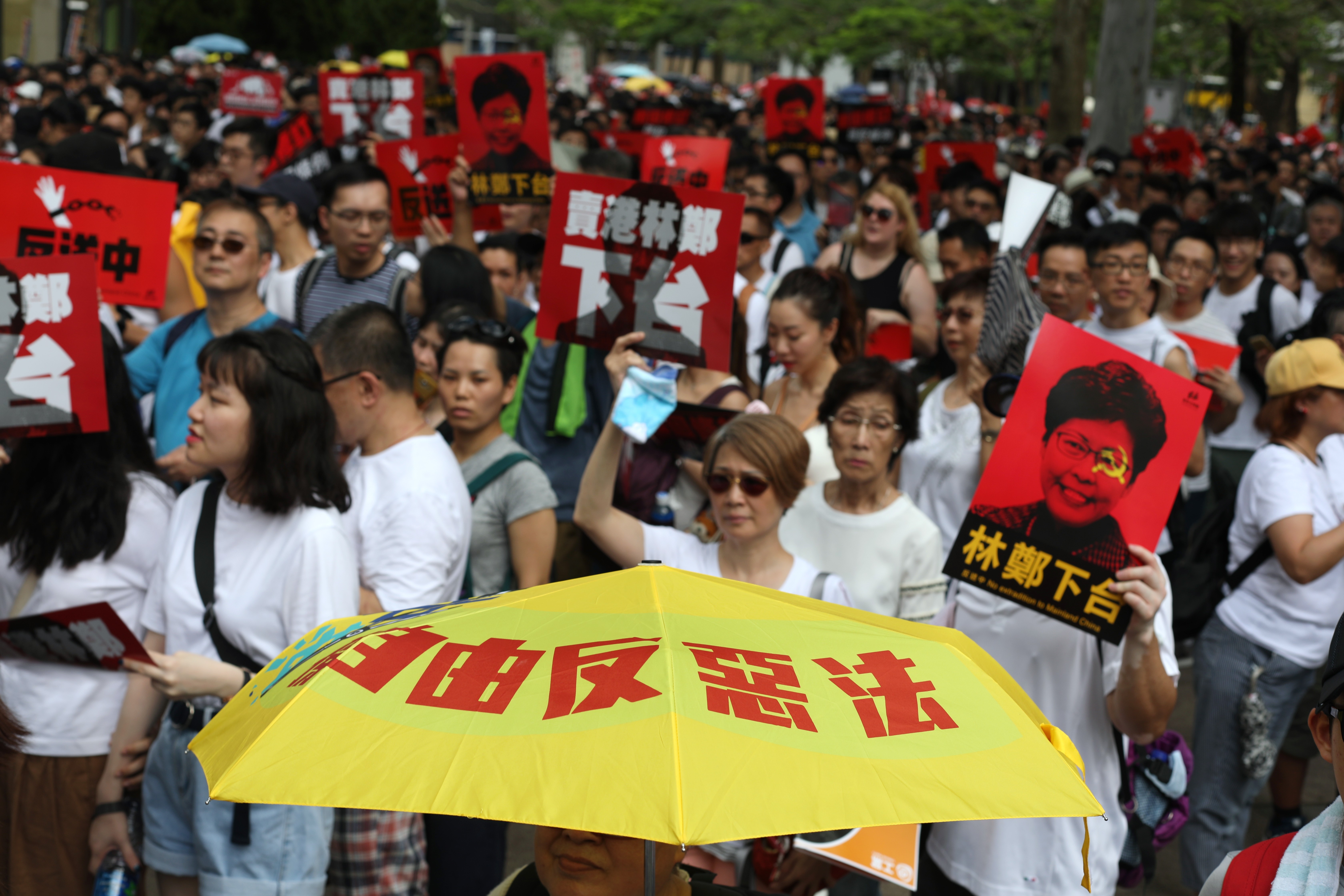 Hongkongers march from Causeway Bay to the government headquarters in Admiralty on June 9, in protest against the proposal to amend the city’s extradition laws to allow the transfer of fugitives to mainland China. The message on the yellow umbrella calls on the people to oppose the “evil law”. Photo: Xiaomei Chen