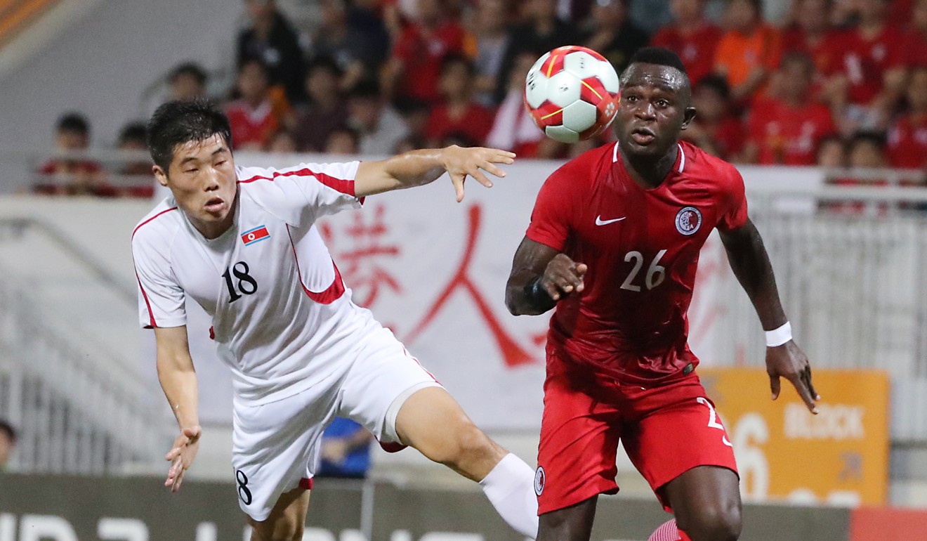 Hong Kong’s Alex Akande, now with Chinese Super League side Dalian Yifang, playing against North Korea in 2016. Photo: Edward Wong