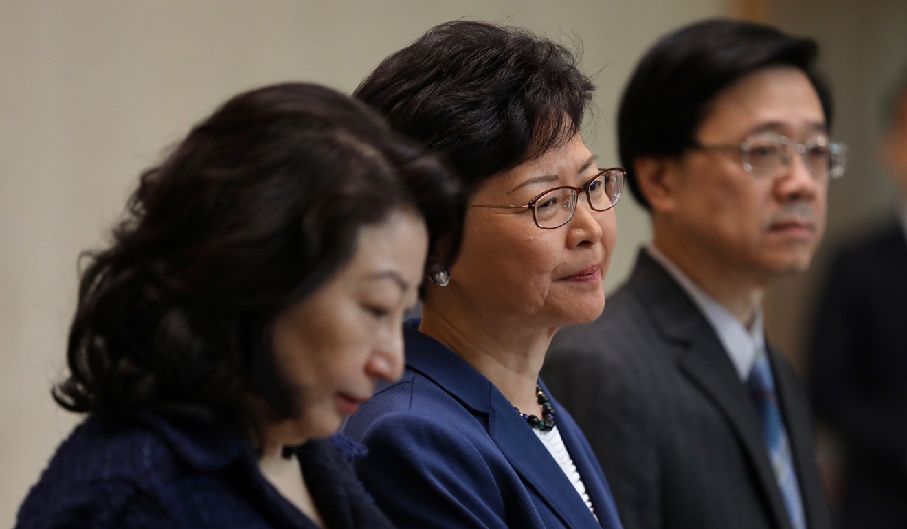 (From left) Secretary for Justice Teresa Cheng Yeuk-wah, Carrie Lam and Secretary for Security John Lee Ka-chiu at a press conference on Monday. Photo: Sam Tsang