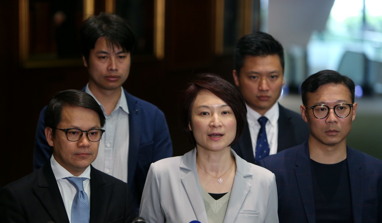 (From left): Pro-establishment lawmakers Gary Chan, Steven Ho, Starry Lee, Vincent Cheng and Horace Cheung meet the press at the Legislative Council Complex following Sunday’s anti-extradition bill protests. Photo: Winson Wong