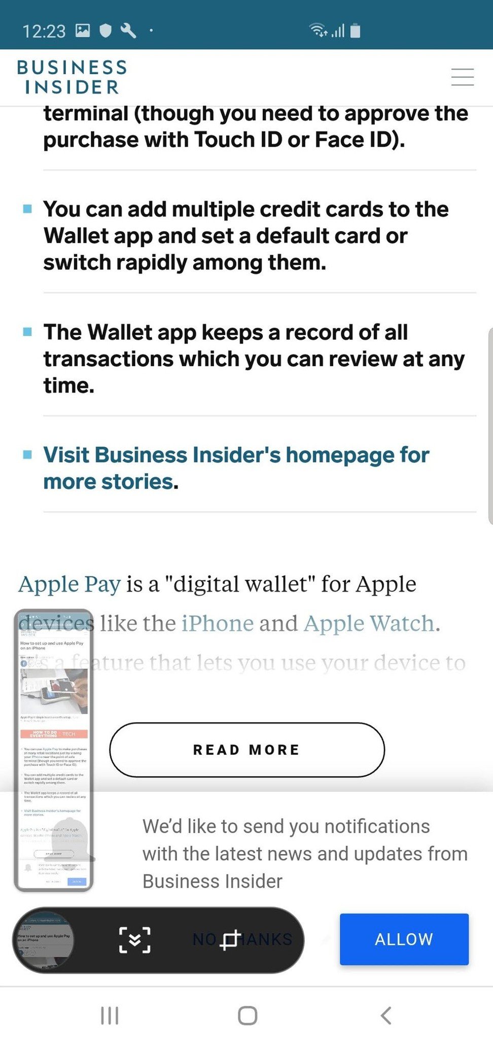 The scrolling capture button lets you make very tall screenshots of lengthy web pages. Photo: Business Insider