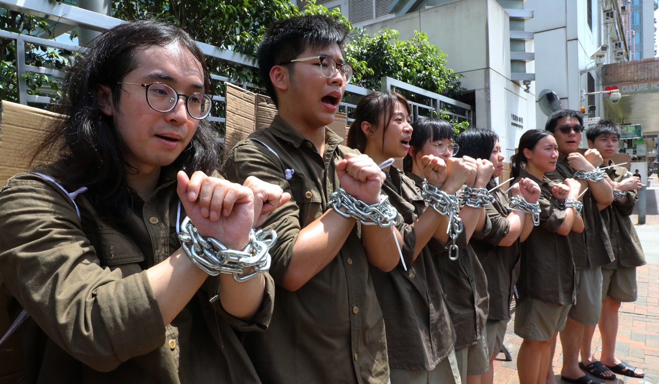 Students protest against the extradition bill outside Beijing’s liaison office in Sai Wan on Saturday. Photo: Edmond So