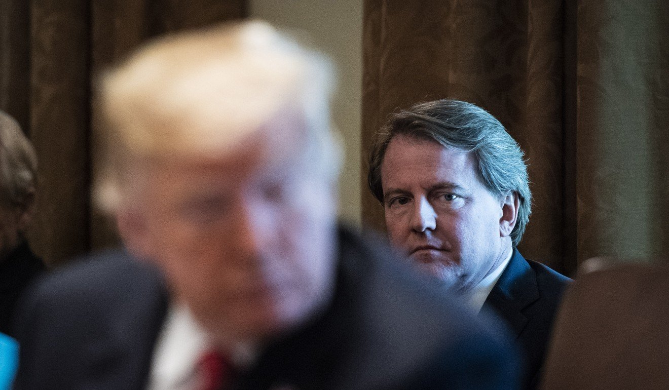 Former White House counsel Donald McGahn (right) listens to US President Donald Trump during a Cabinet meeting last year. Photo: Jabin Botsford via The Washington Post