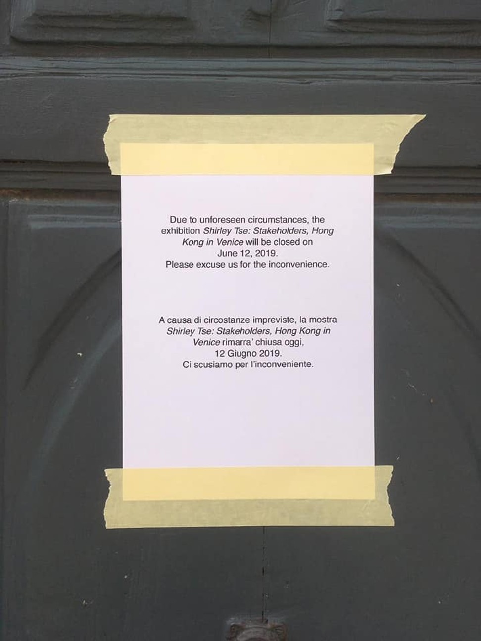 Notice on the door of the Hong Kong pavilion in Venice, saying it is closed on June 12 “due to unforeseen circumstances”. Source: Facebook