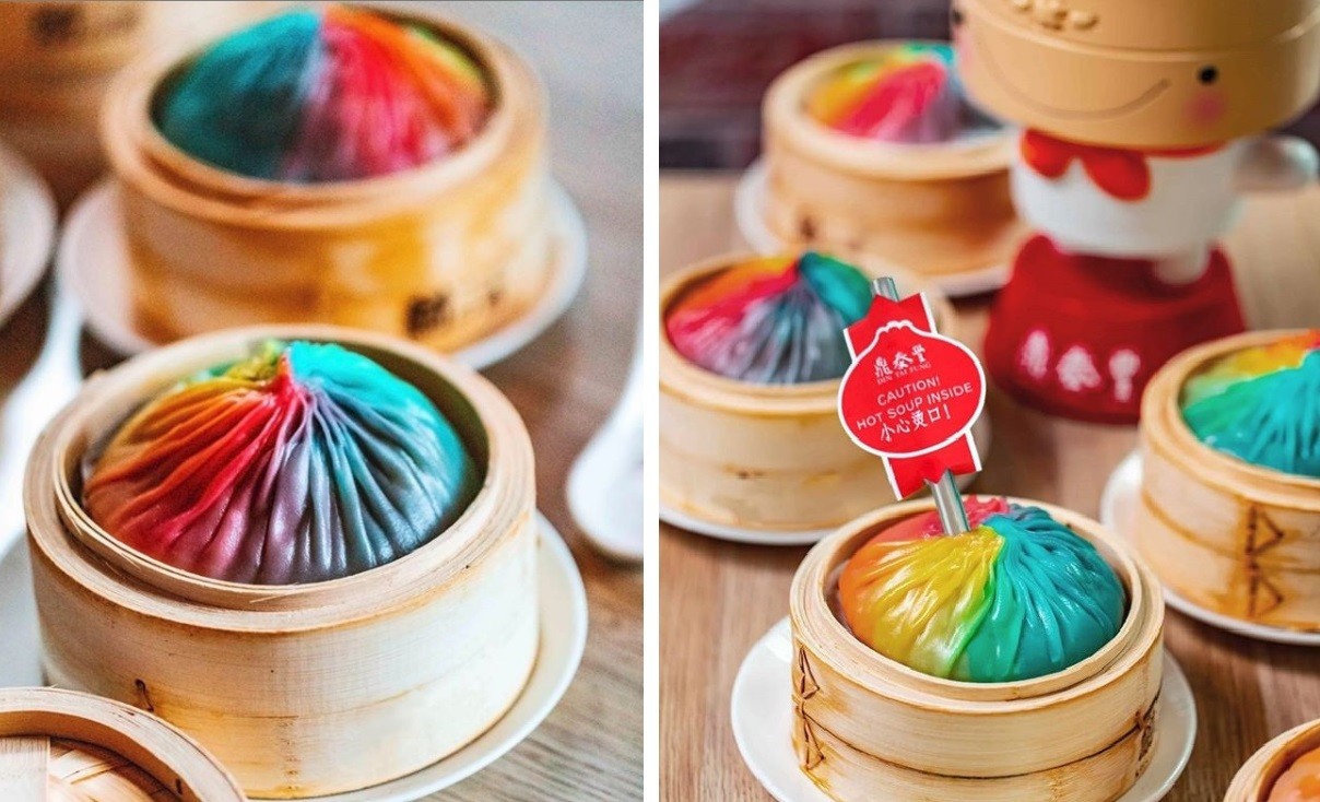 The mega-sized rainbow version comes served in a bamboo basket at Din Tai Fung Australia. Photo: Instagram / Din Tai Fung Australia