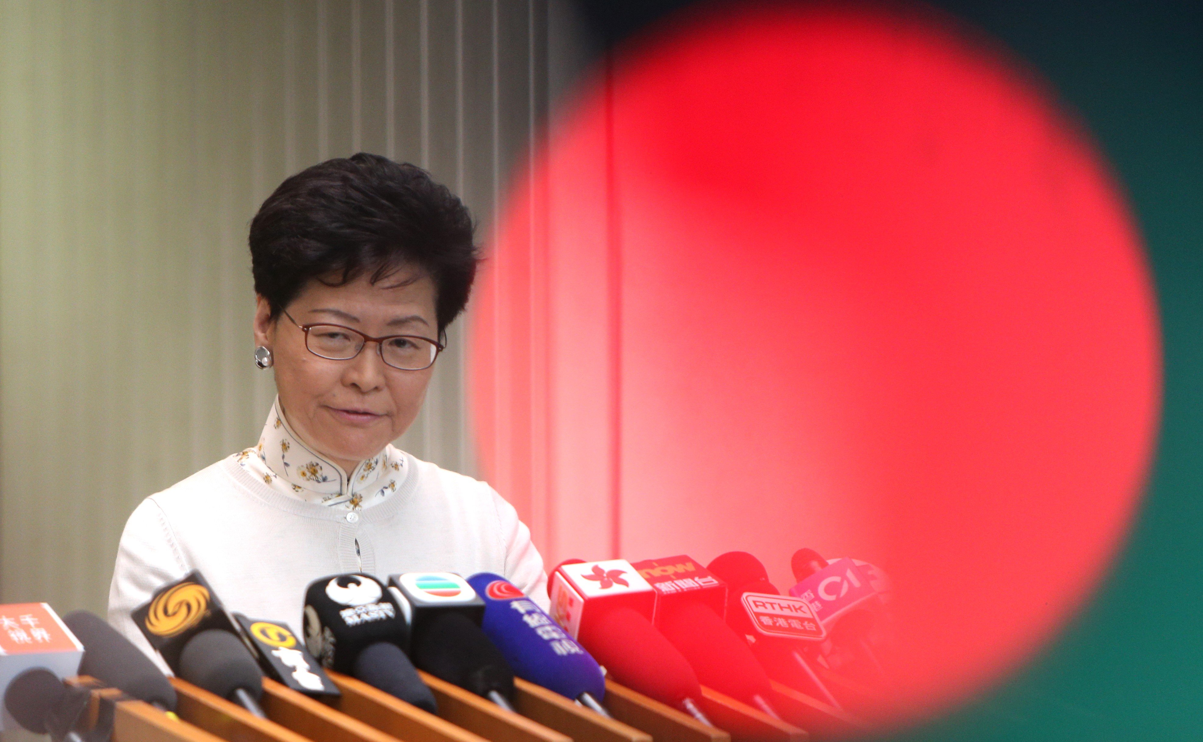 Chief Executive Carrie Lam speaks to the media and urges schools, businesses and unions to think twice before going on strike in protest against the extradition bill legislation at the Chief Executive’s office in Tamar, Admiralty, on June 11. Photo: Winson Wong