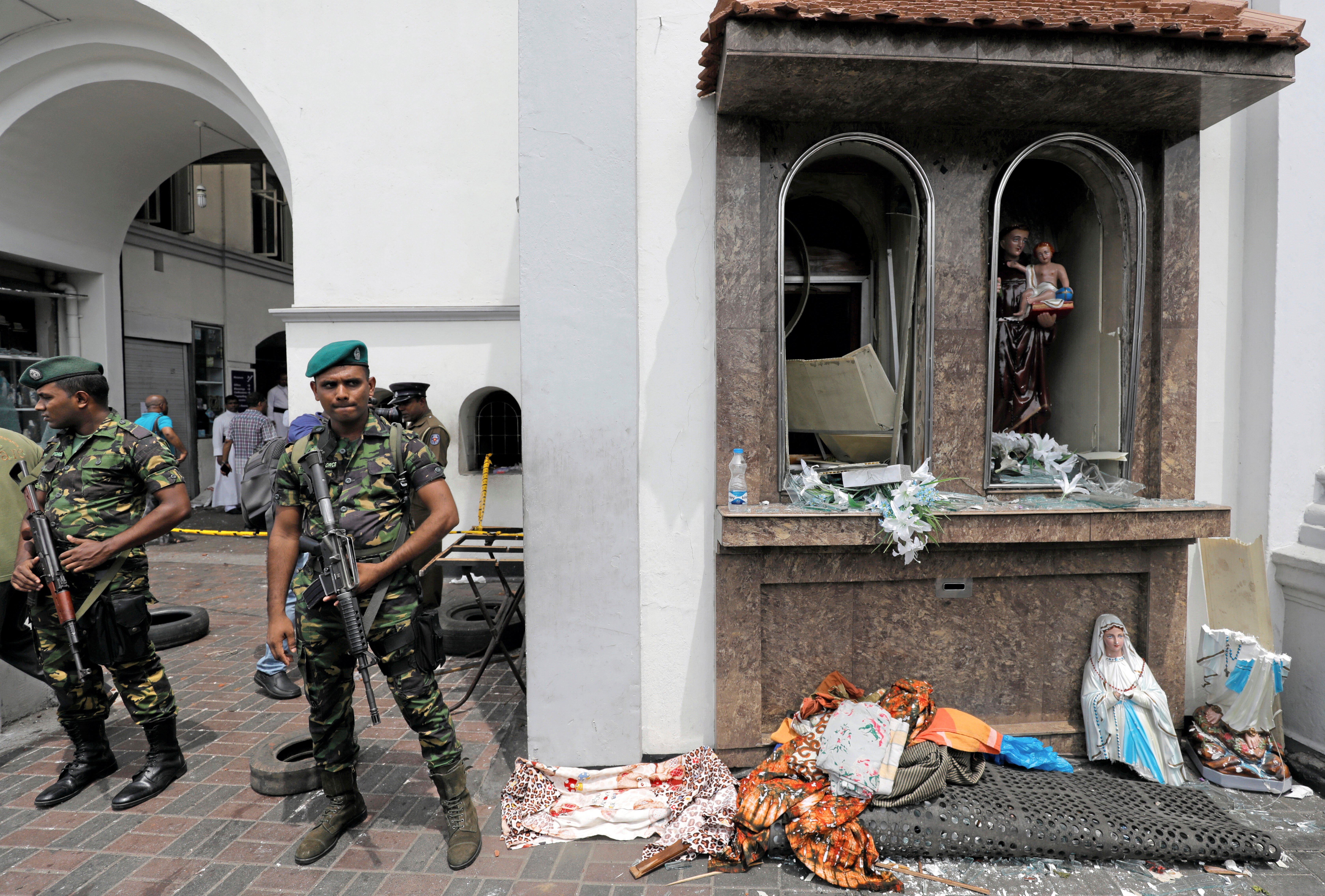 Sri Lankan military officers guard St Anthony’s Shrine in Colombo on April 21. Photo: Reuters