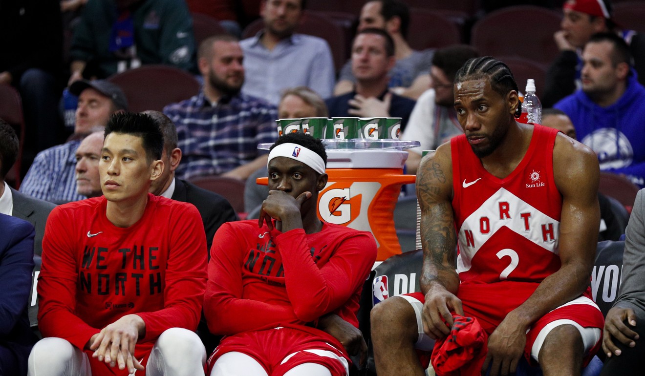 Toronto Raptors’ Kawhi Leonard (right), Pascal Siakam and Jeremy Lin (left) sit on the bench during the play-off series against the Philadelphia 76ers. Photo: AP