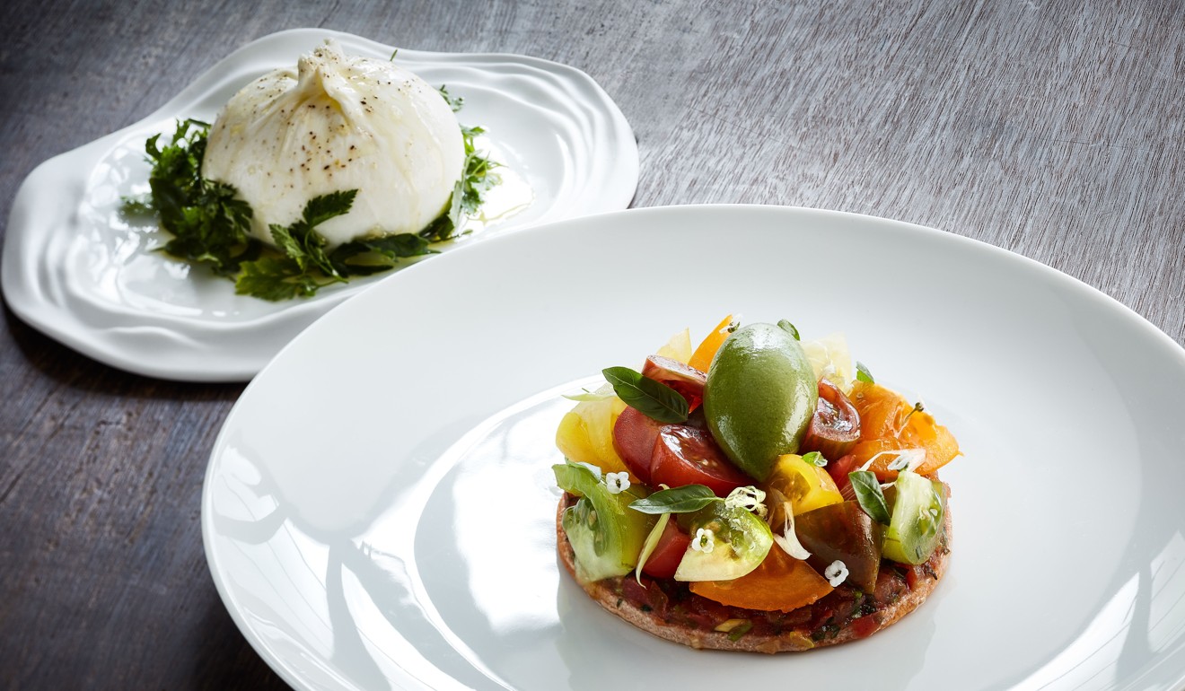 Heirloom tomato tart, burrata, and basil sorbet at Louise, the new restaurant in PMQ, Hong Kong. Photo: Louise