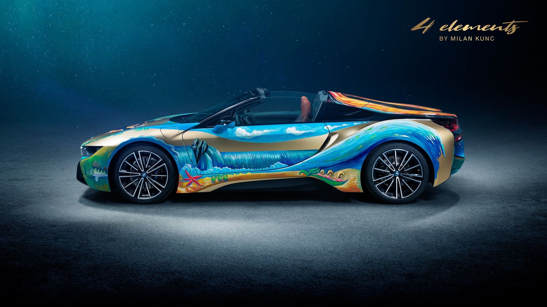 On the 2019 BMW i8 Roadster 4 Elements, German artist Milan Kunc illustrated BMW’s desire to strike a balance between automobile development and environmental sustainability.