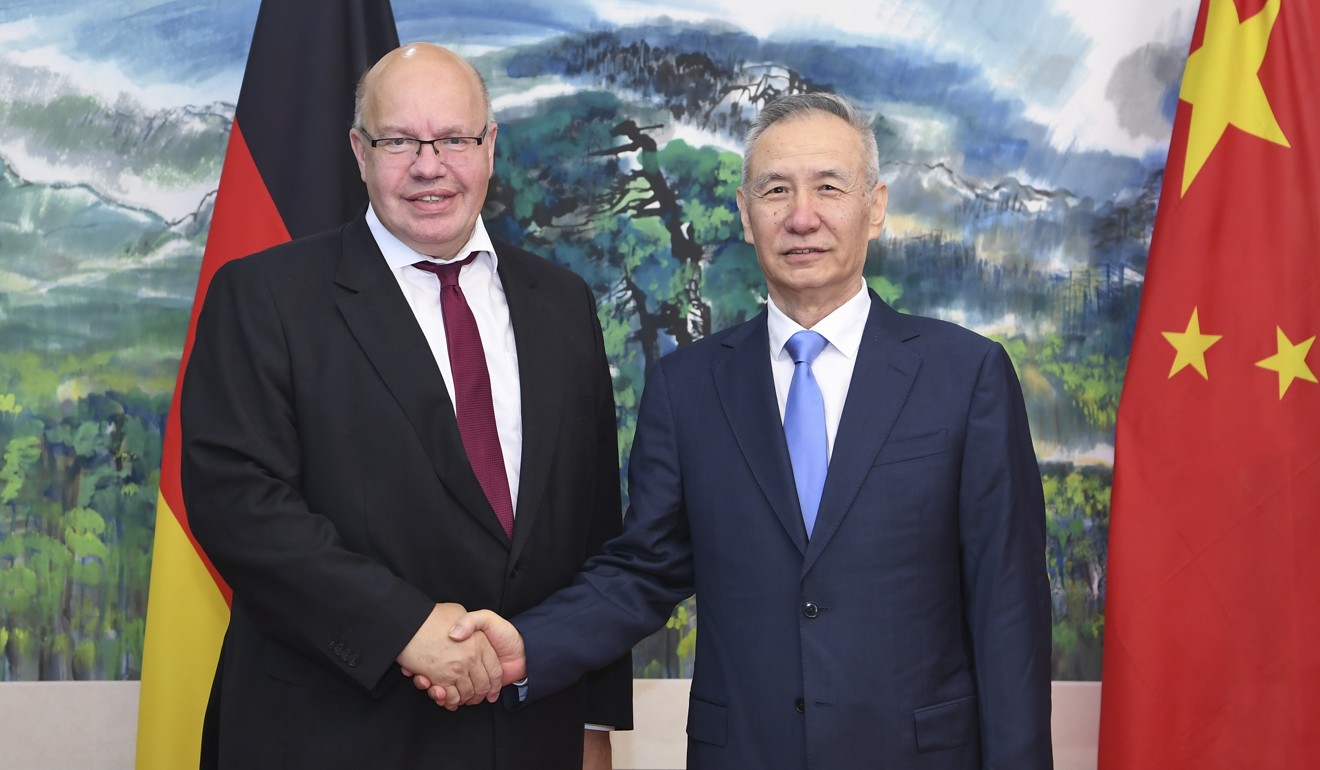 German Minister for Economic Affairs and Energy Peter Altmaier meets Chinese Vice-Premier Liu He in Beijing on Thursday. Photo: Xinhua