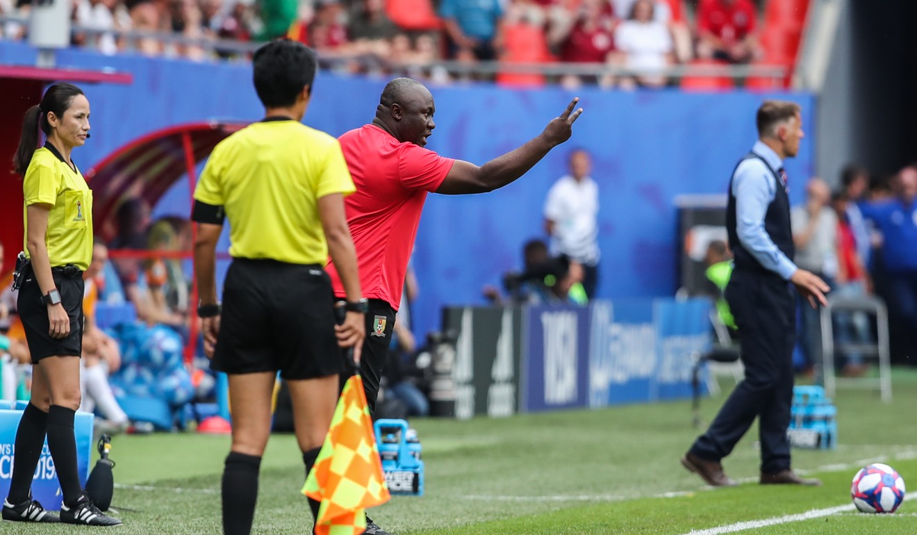 Cameroon coach Alain Djeumfa reacts during the match. Photo: Xinhua