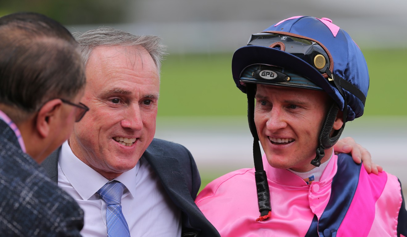 Trainer Paul O’Sullivan with jockey Zac Purton after the win of Chicken Dance.