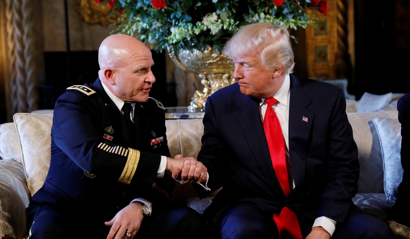 US President Donald Trump shakes hands with then national security adviser H.R. McMaster at his Mar-a-Lago estate in Palm Beach, Florida, on February 20, 2017. McMaster was thought to be a moderating influence in Trump’s cabinet but ended up taking a hawkish stance on North Korea. Photo: Reuters