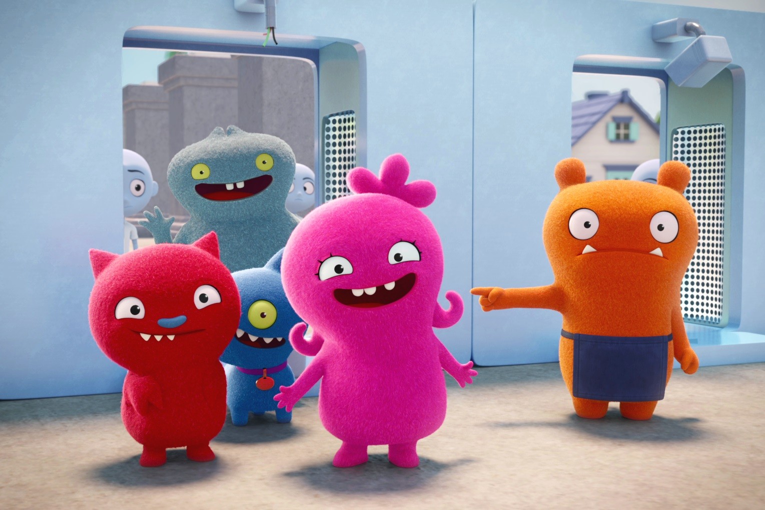 Moxy (centre, voiced by Kelly Clarkson) and friends in a still from UglyDolls (category: I), directed by Kelly Asbury.