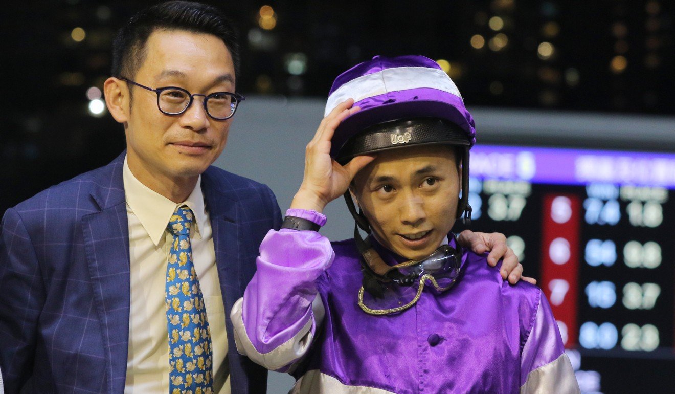 Trainer Jimmy Ting and jockey Matthew Poon after the win of Applause.