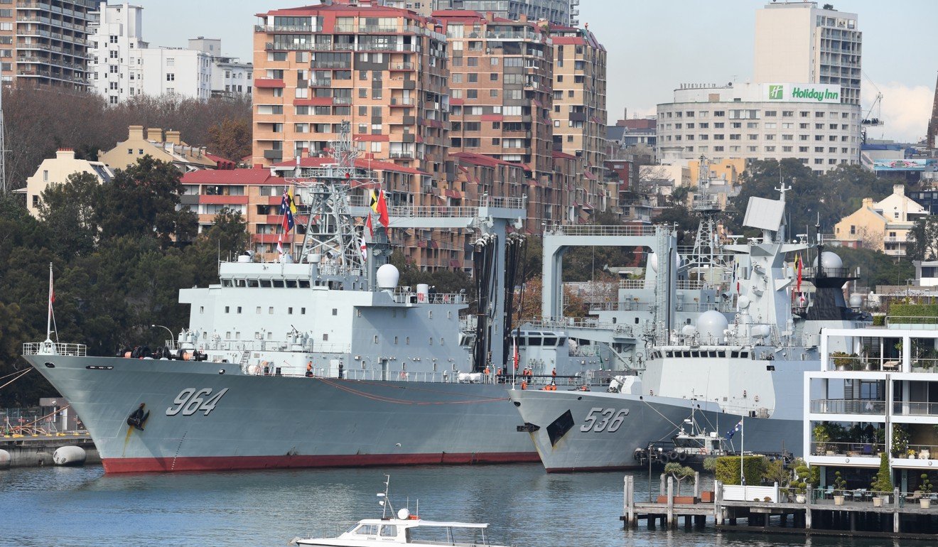 Chinese naval vessels docked at Garden Island Naval Base in Sydney on June 3. Photo: EPA