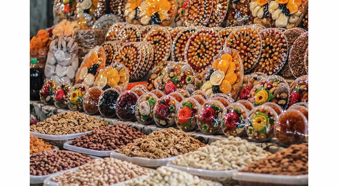 GUM Market, Armenia’s biggest fresh food market, is well known for its dried fruit, sujukh and basturma, slices of savoury air-dried beef. Photo: Shutterstock