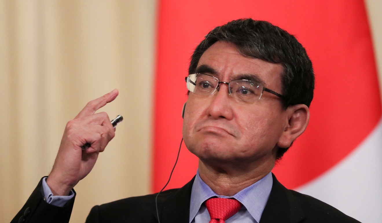 Japanese Foreign Minister Taro Kono spent about an hour at the tech show. Photo: Reuters