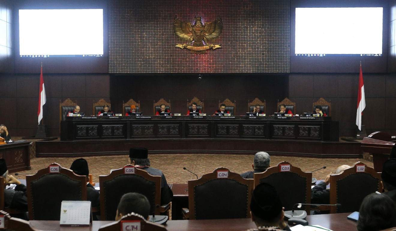 Judges preside over the final hearing on Prabowo Subianto’s court challenge. Photo: AP