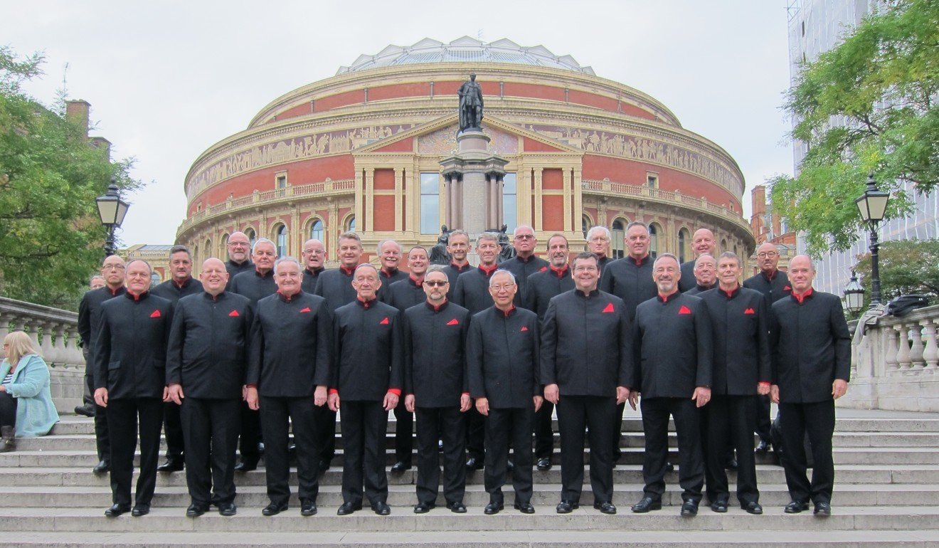 The Hong Kong Welsh Male Voice Choir in front of the Royal Albert Hall in London; their last visit to the UK was in 2016.
