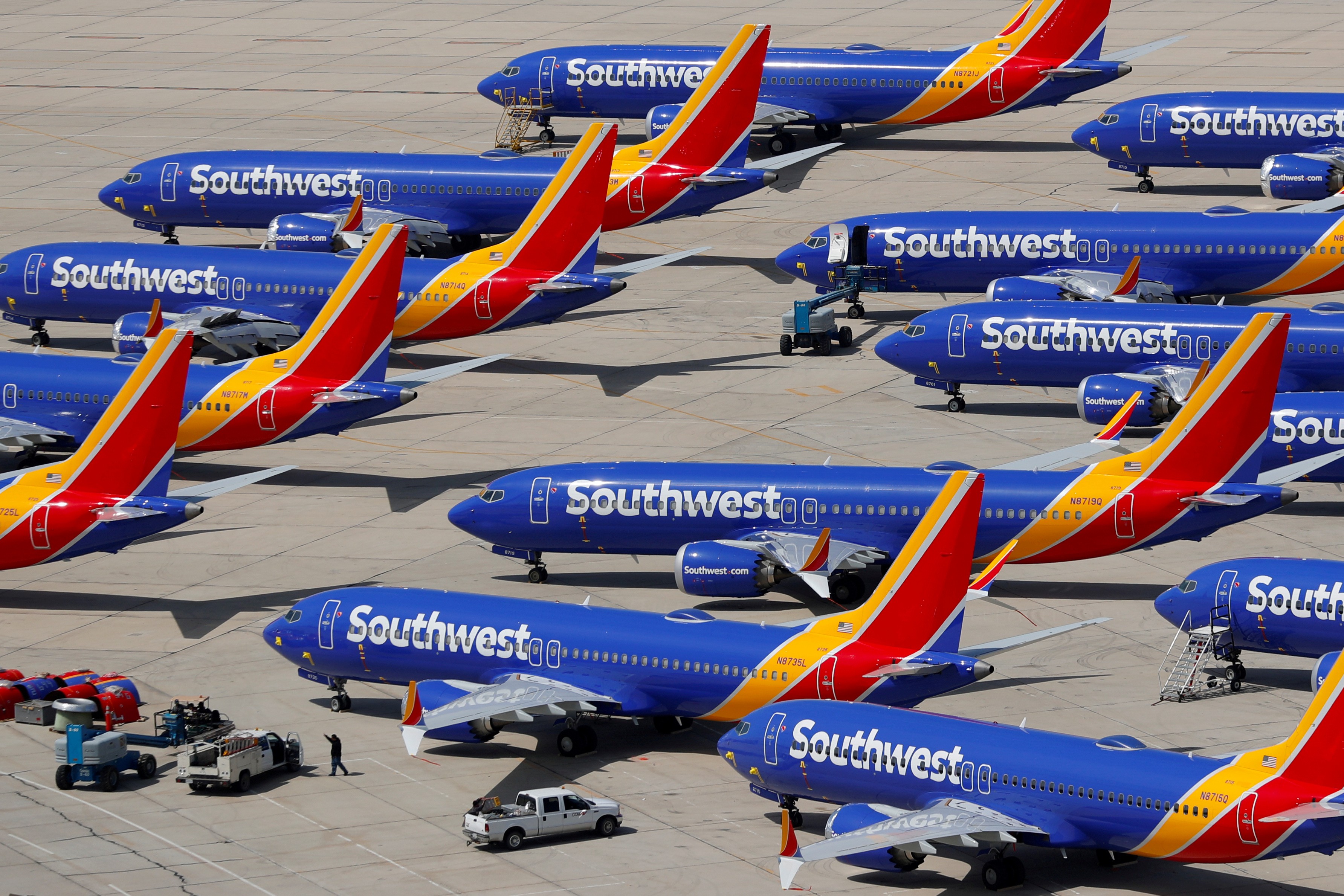 A number of grounded Southwest Airlines Boeing 737 MAX 8 aircraft are parked at Victorville Airport in California in March. Photo: Reuters