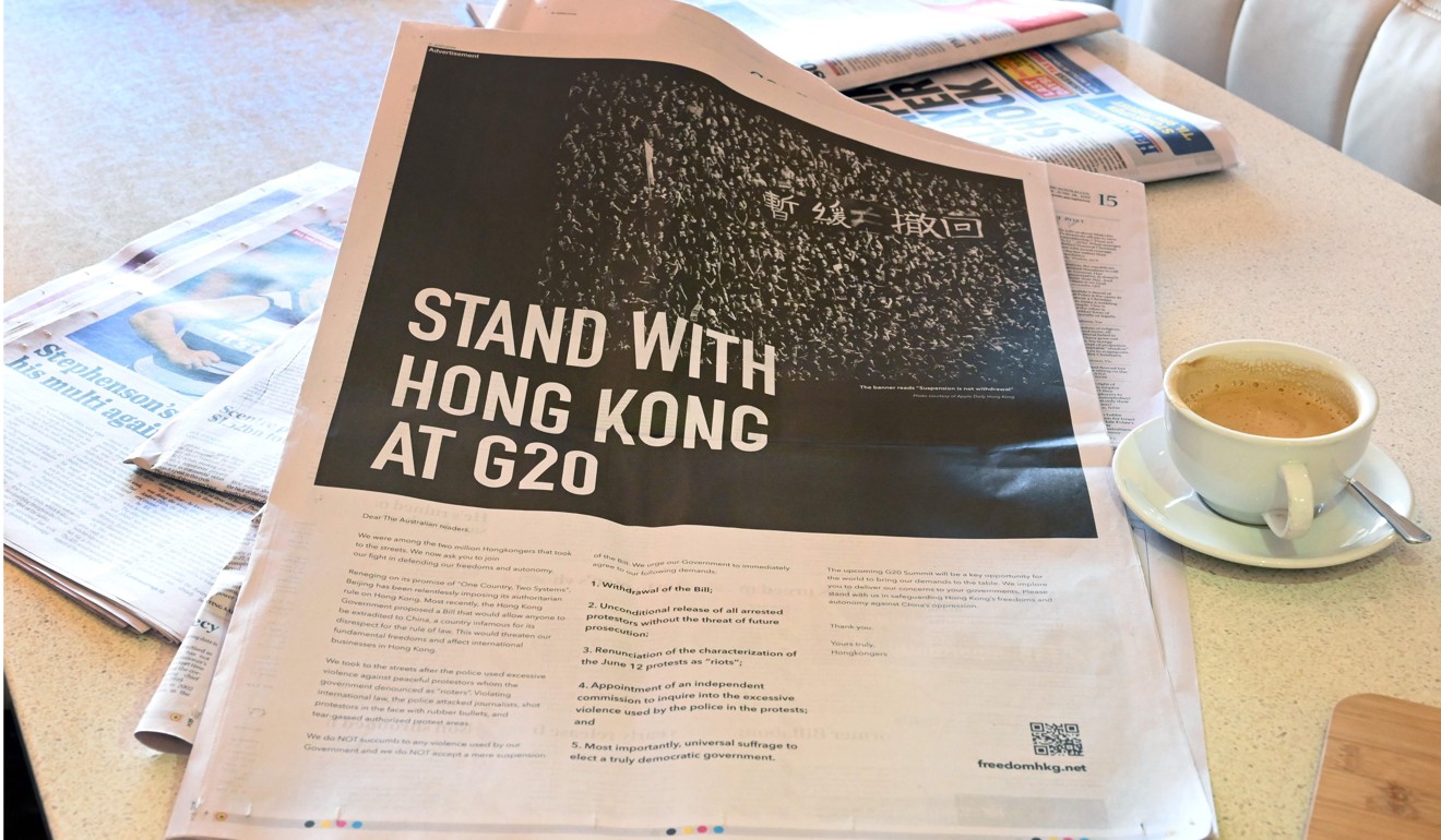 An advert in The Australian newspaper was one of several paid for by a Hong Kong campaign group. Photo: AFP