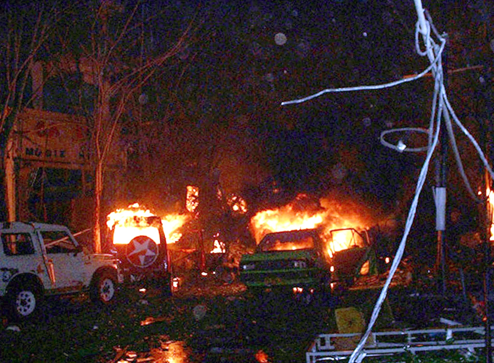 Buildings and cars burn after a bomb blast in Kuta, Bali, in October 2002. Arrested Jemaah Islamiah leader Para Wijayanto was involved in those attacks and many others, according to police. Photo: AFP