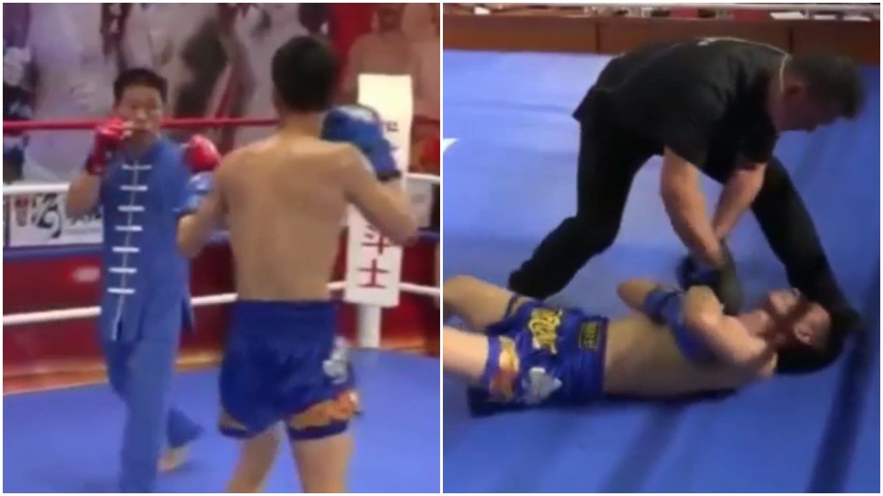 Huo Yanshan faces off against the supposed Chinese Sanda fighter – who flops to the floor in faux agony. Photos: Fighting World