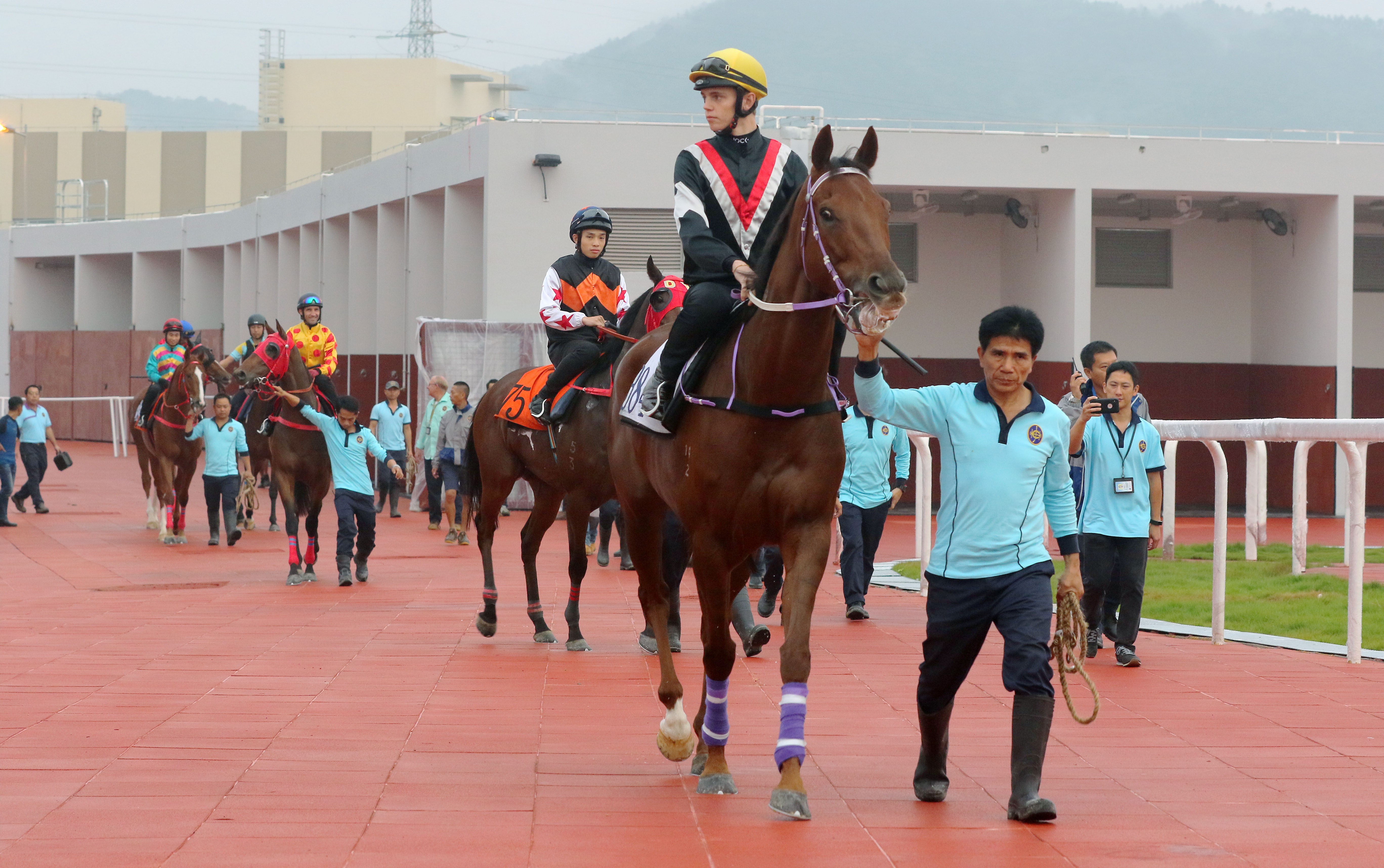 Mafoos lead horses on to the track for a set of barrier trials at the Conghua training facility. Photo: Kenneth Chan