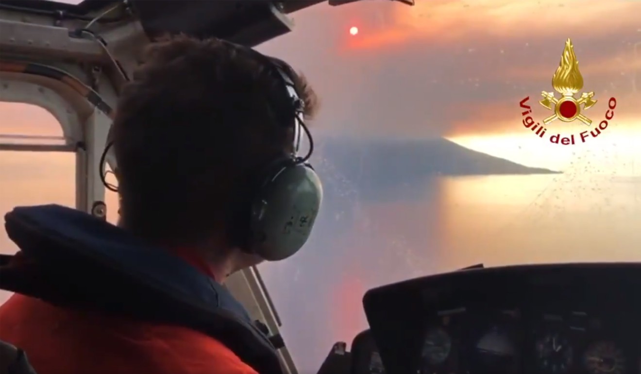A screen grab from an Italian National Corps of Firefighters video shows the Stromboli volcano seen from a Dragon 59 rescue helicopter on Wednesday. Photo: Vigili del Fuoco via AFP