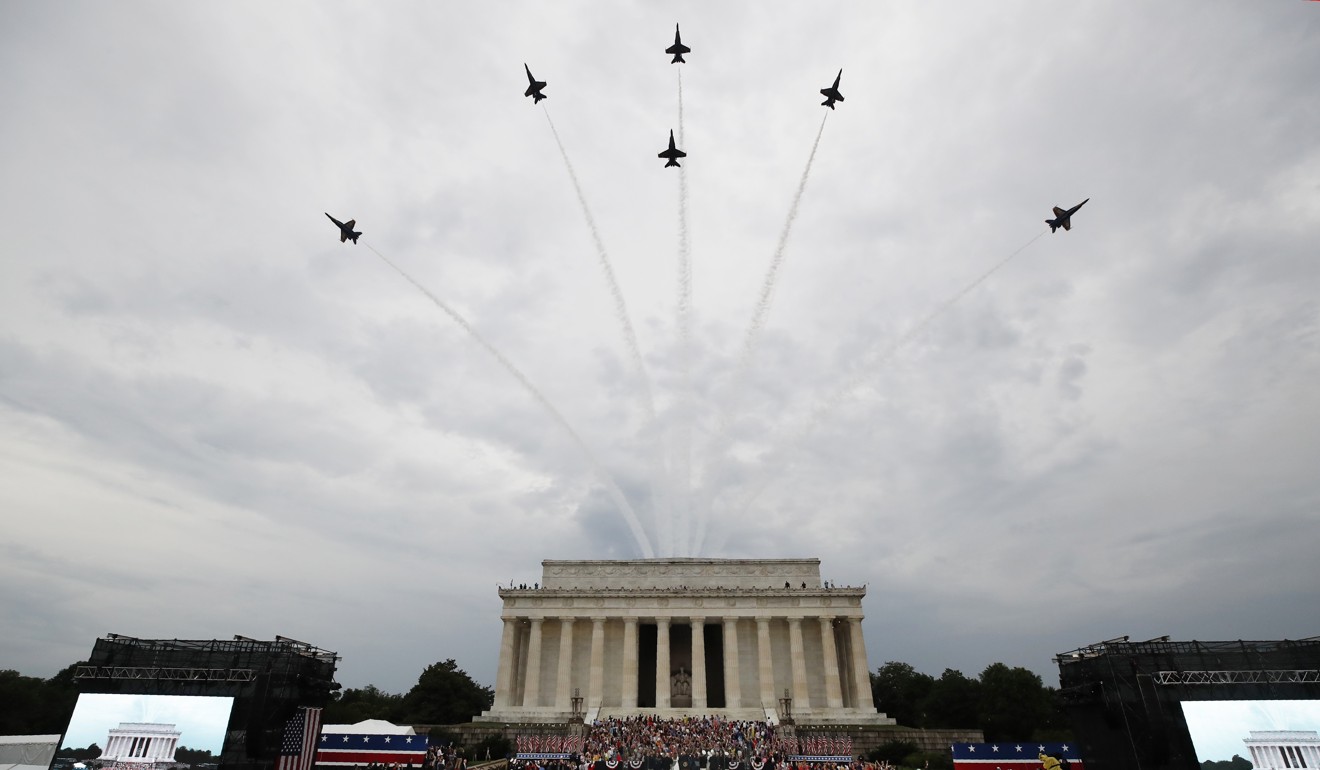 The US Navy Blue Angels do a flyover at the Independence Day celebration in front of the Lincoln Memorial on Thursday. Photo: AP