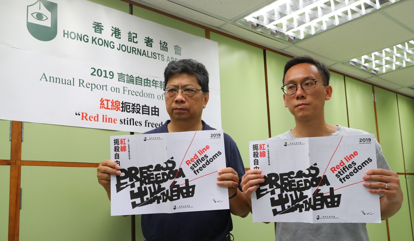 (Left to right) Chris Yeung Kin-hing, chairman of Hong Kong Journalists Association, and Lam Yin-pong, HKJA executive committee member launched the group’s annual report on freedom of expression on Sunday. Photo: Edmond So