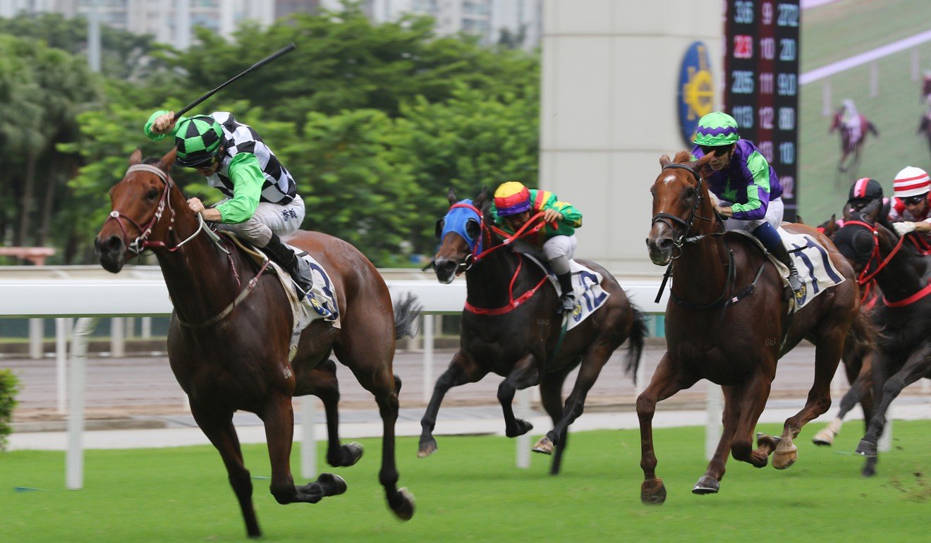 Zac Purton kicks clear on Magic Success at Sha Tin on Sunday.