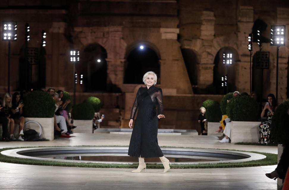 Italian designer Silvia Venturini Fendi appears on the catwalk at Thursday’s Fendi fashion show in Rome, held as a tribute to the late Karl Lagerfeld, who was the fashion house’s creative director for 54 years. Photo: EPA-EFE