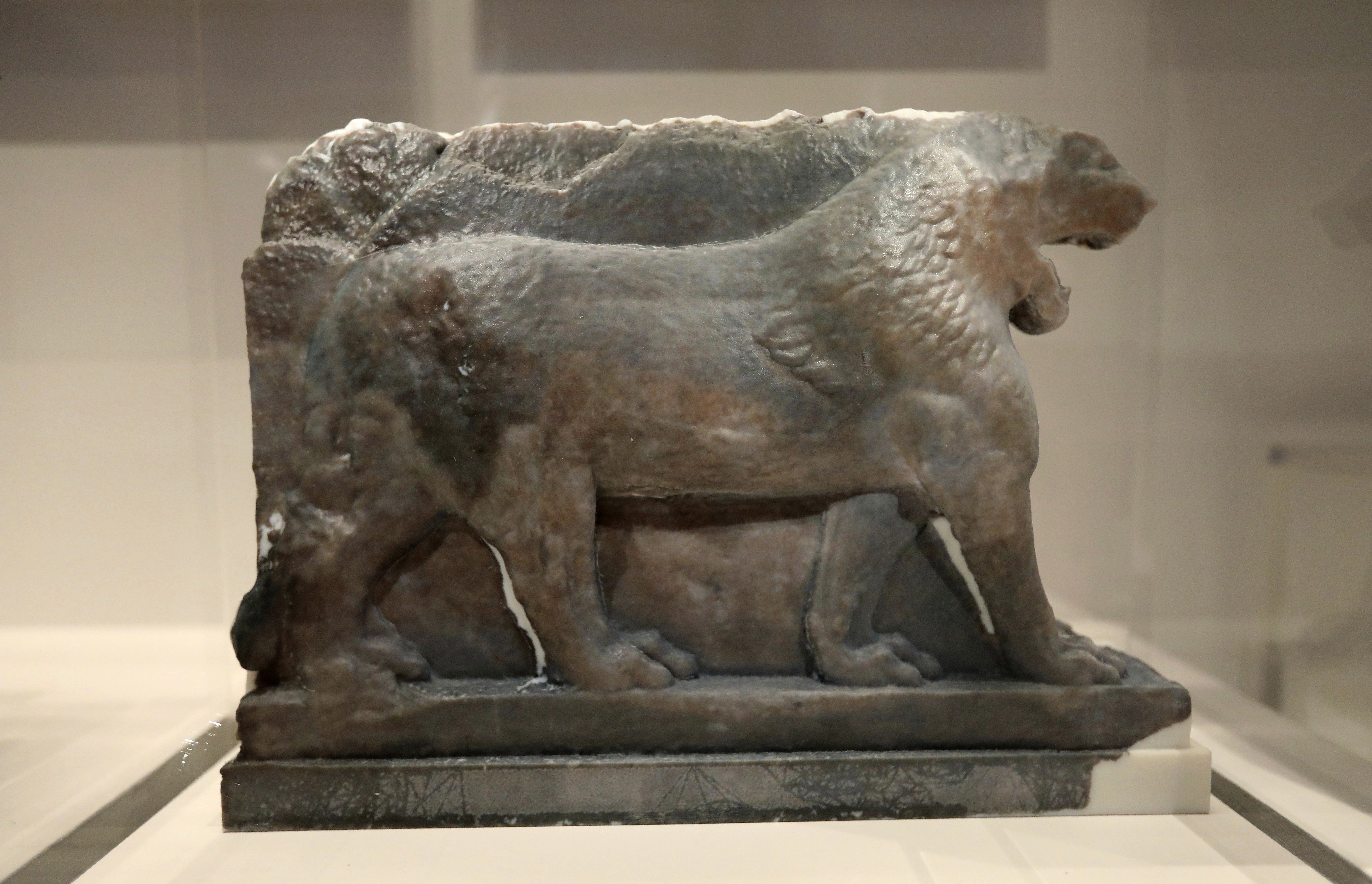 A 3D-printed recreation of the ancient Lion of Mosul displayed at the Imperial War Museum in London. Photo: AP