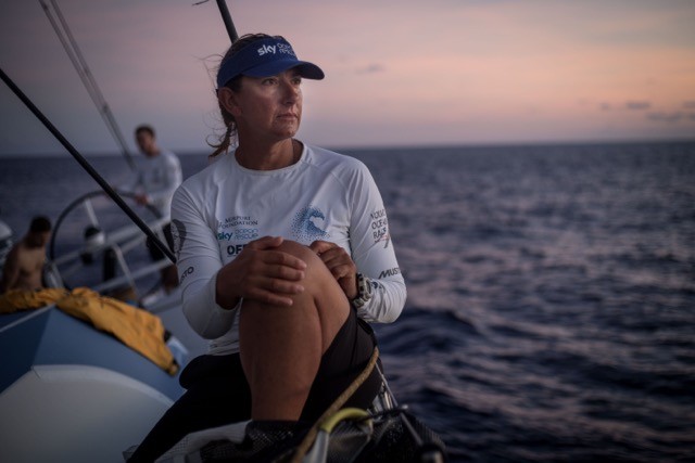 Dee Caffari aboard Turn the Tide on Plastic during the Ocean Race. Photo: The Ocean Race