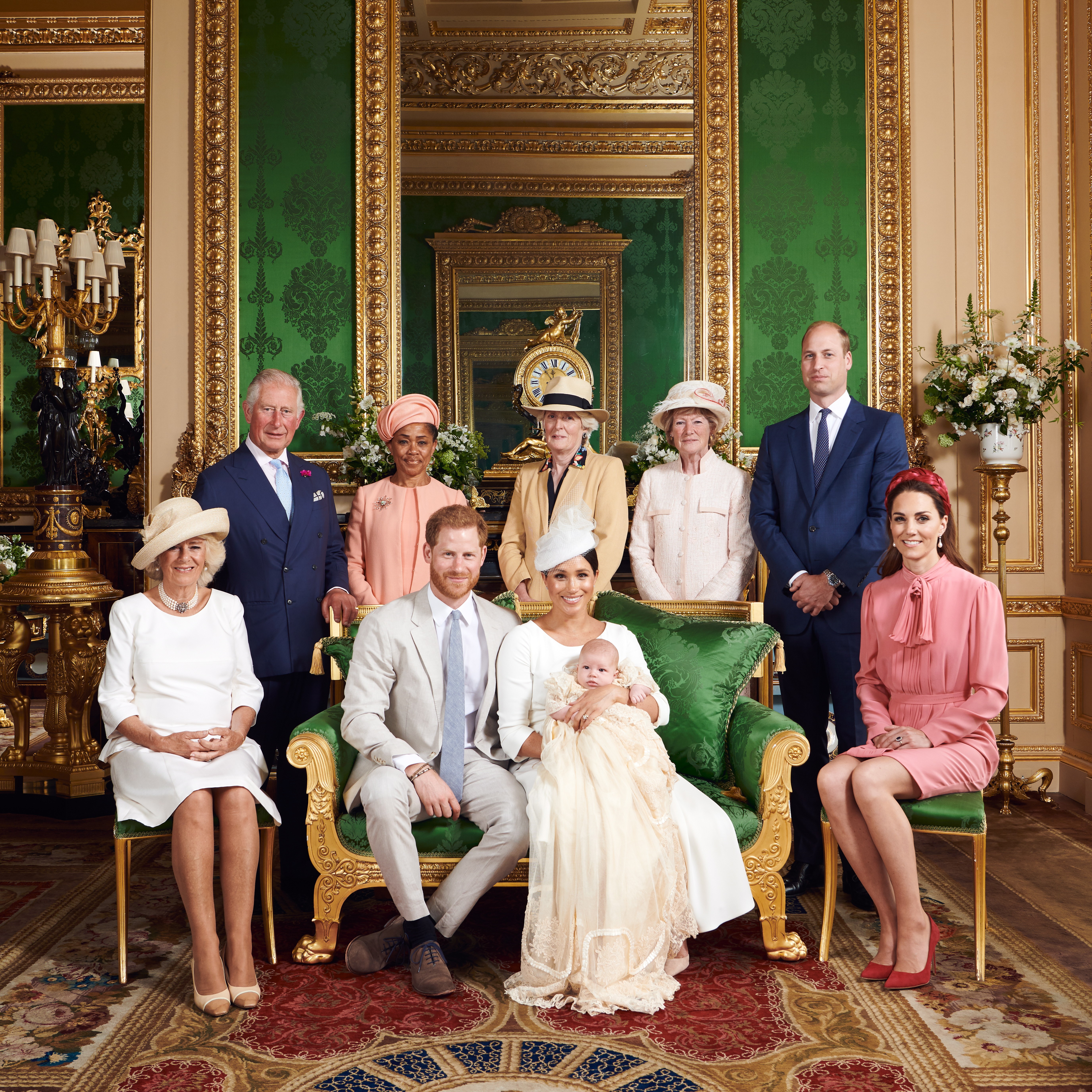 Prince Harry and Meghan, Duke and Duchess of Sussex (front centre), with their son, Archie, and other members of the British royal family and guests at Saturday’s christening at Windsor Castle. (From left) Camilla, Duchess of Cornwall, Prince Charles, Prince of Wales, Doria Ragland, Lady Jane Fellowes, Lady Sarah McCorquodale, Prince William, Duke of Cambridge and Catherine, Duchess of Cambridge. Photo: EPA-EFE