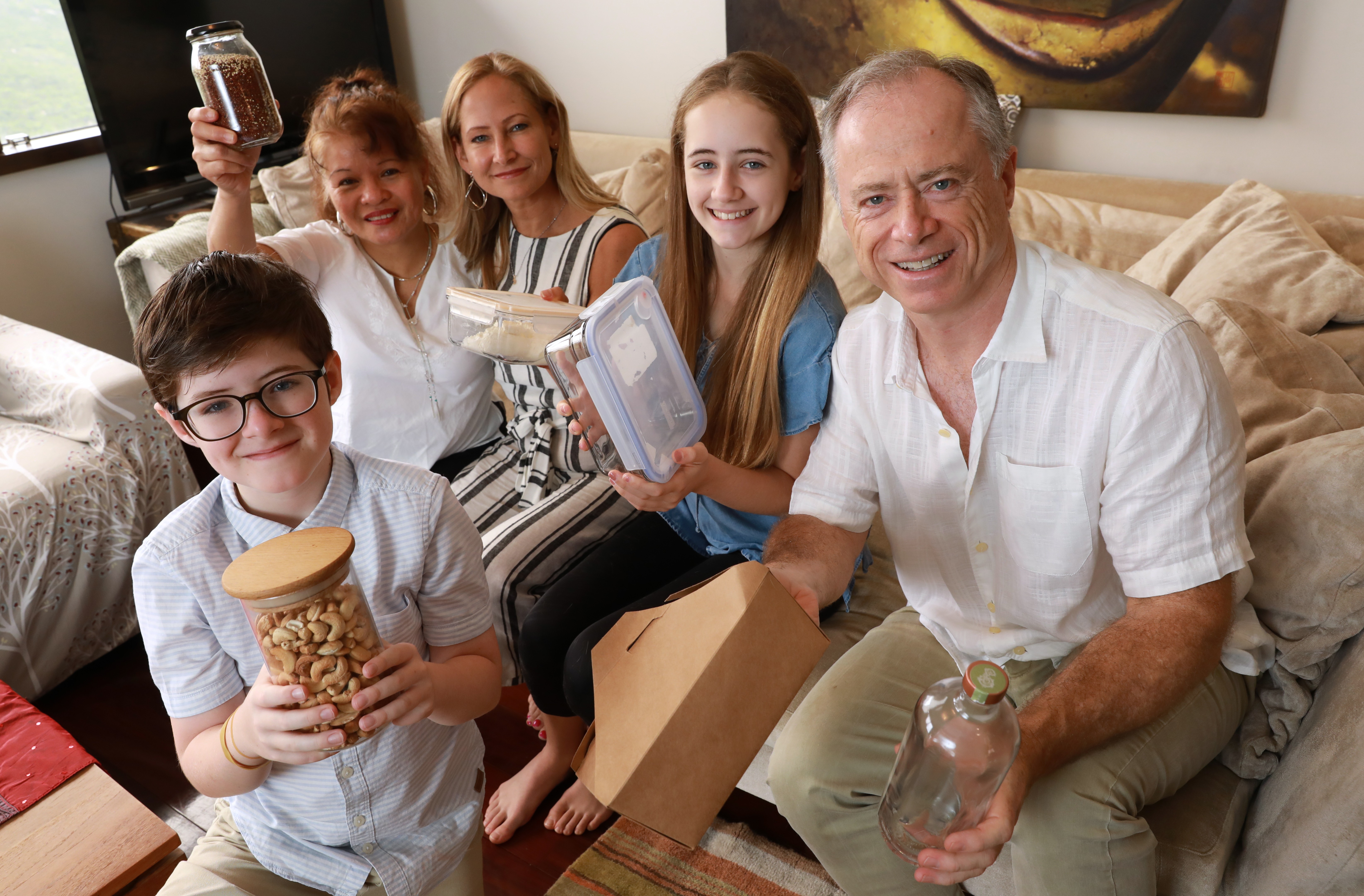 Plastic-free pioneers (from left) Nicholas Dixon, Gina Venus (helper), Adriane Rysz, Charlotte Dixon and Anthony Dixon at their home in Happy Valley. Photo: May Tse