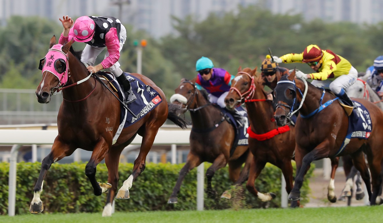 Zac Purton gives Beauty Generation a pat as he wins the Hong Kong Mile.