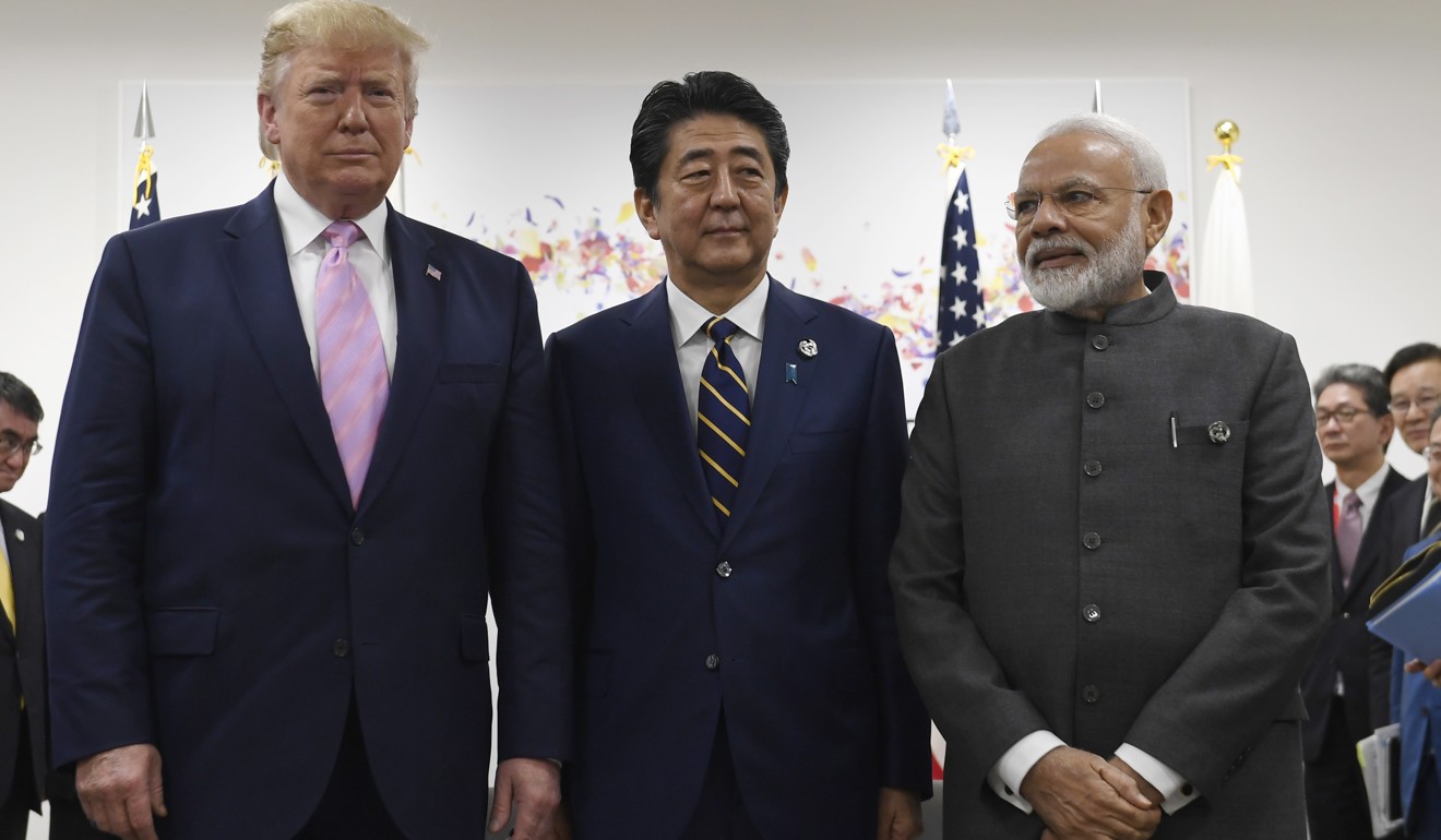 US President Donald Trump, Japanese Prime Minister Shinzo Abe and Modi before their G20 meeting. Photo: AP