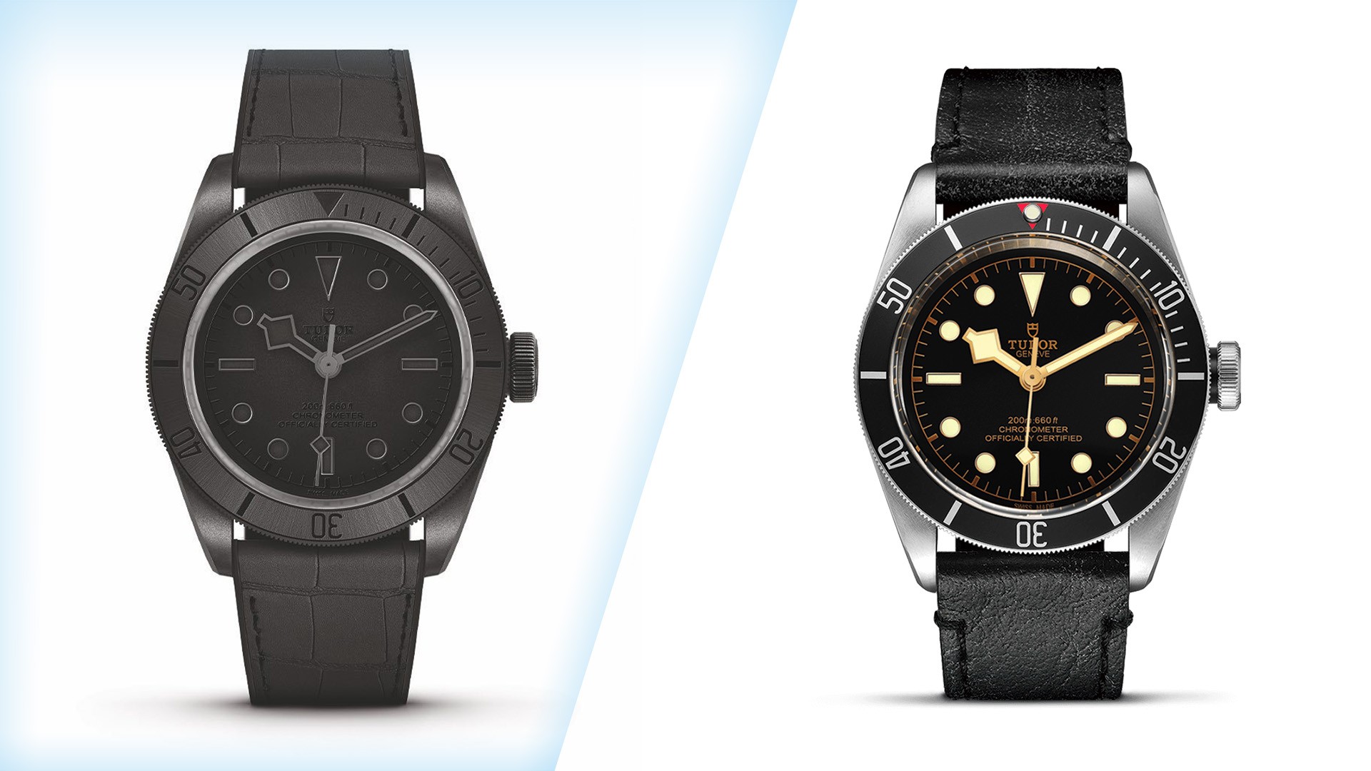 The Tudor Black Bay Ceramic One for Only Watch (left), and the Black Bay in stainless steel with a black rotating bezel. All proceeds from the auction will go to scientific and medical research on neuromuscular diseases with particular support for Duchenne muscular dystrophy.