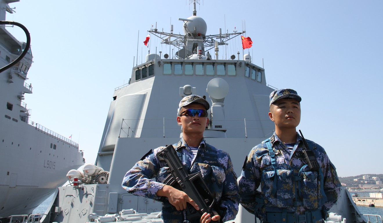 Soldiers on Chinese missile destroyer Xi'an at the Toulon port in southern France on July 1. Photo: Xinhua