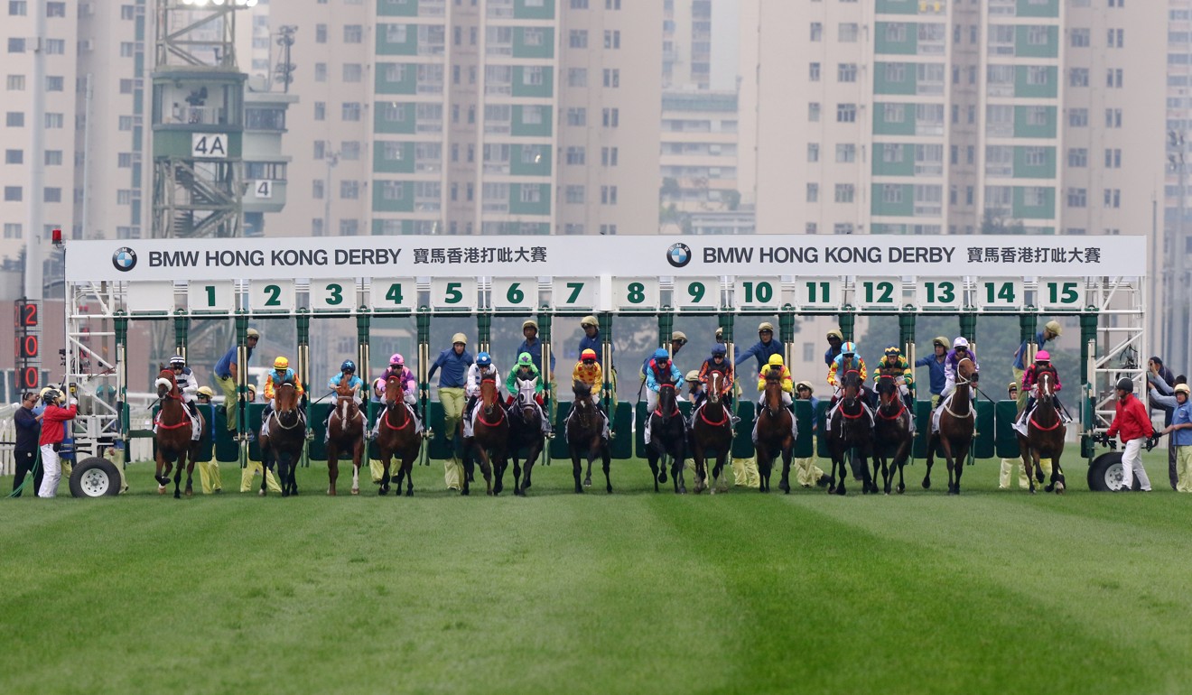 Horses jump in the Hong Kong Derby.