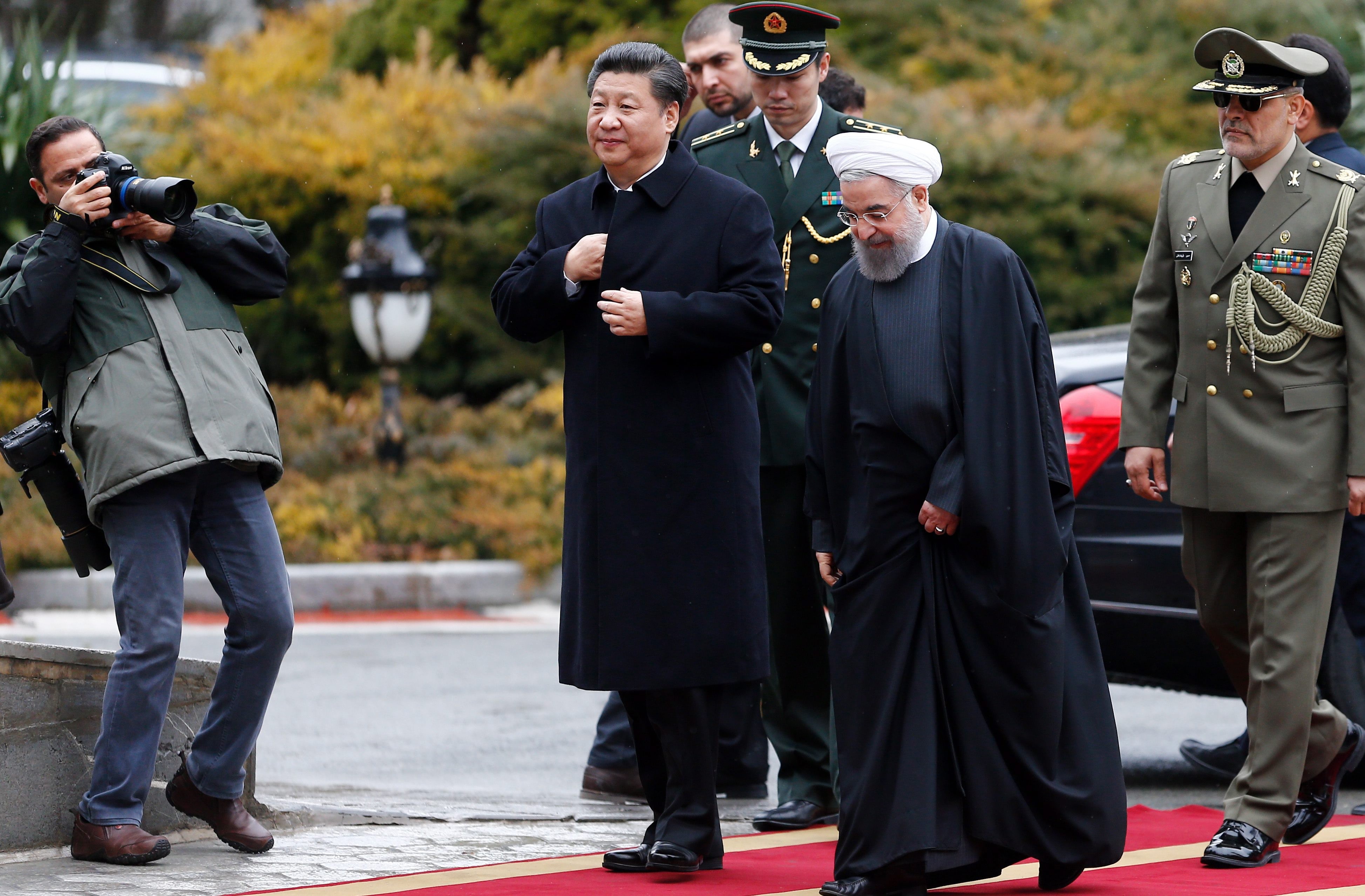 Iranian President Hassan Rowhnai and his Chinese counterpart Xi Jinping meet at a welcome ceremony at the presidential palace in Tehran in January 2016. Iran is one of the biggest suppliers of crude oil to energy-hungry China, and a war between Iran and the US would threaten China’s supply from the Middle East as a whole. Photo: EPA