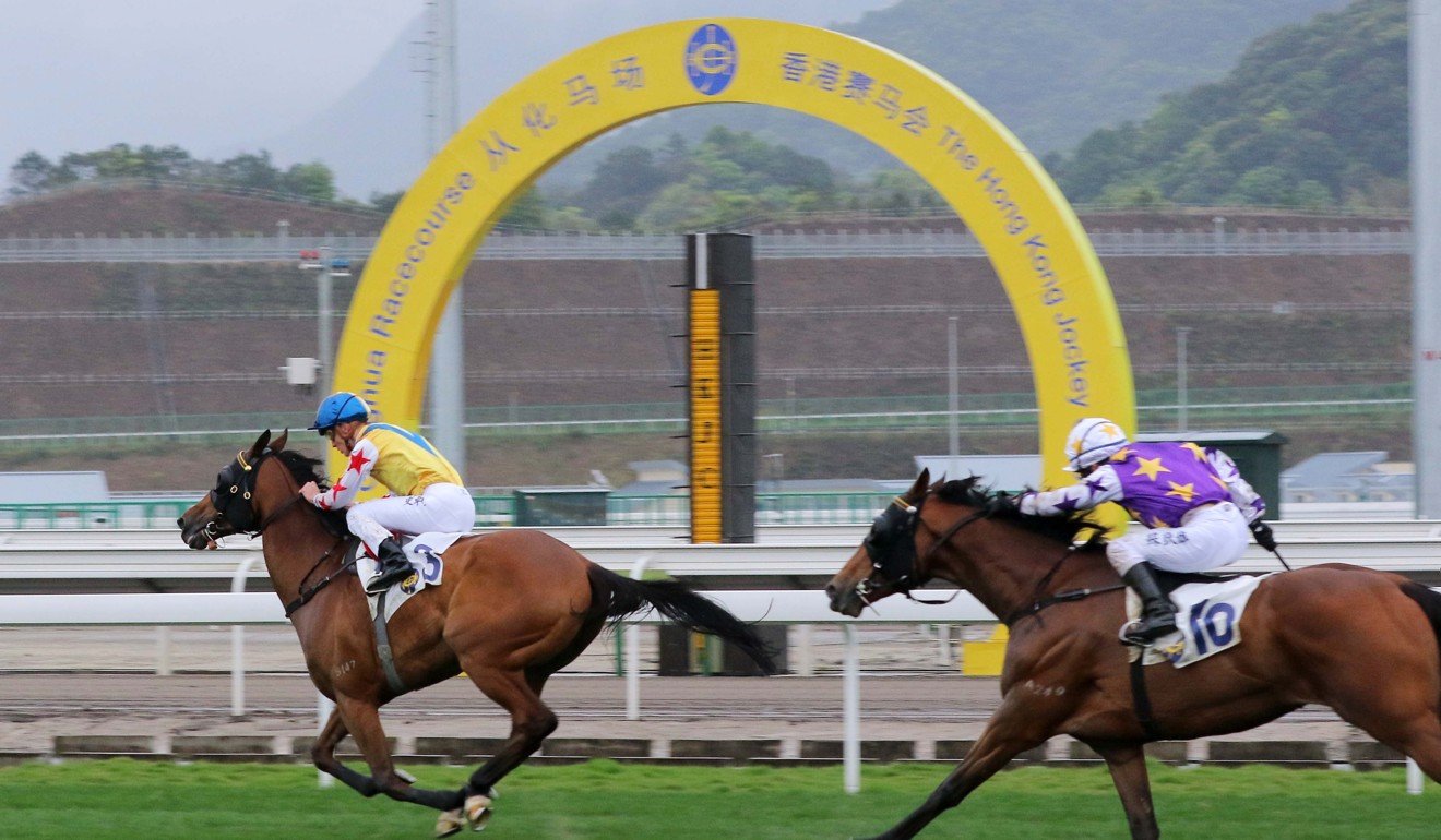 Happy Rocky wins during the first official meeting at Conghua Racecourse.