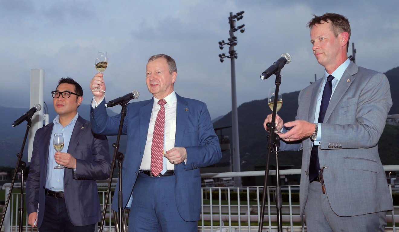 Jockey Club chief executive Winfried Engelbrecht-Bresges (middle) proposes a toast after the final race meeting of the 2018-19 season.