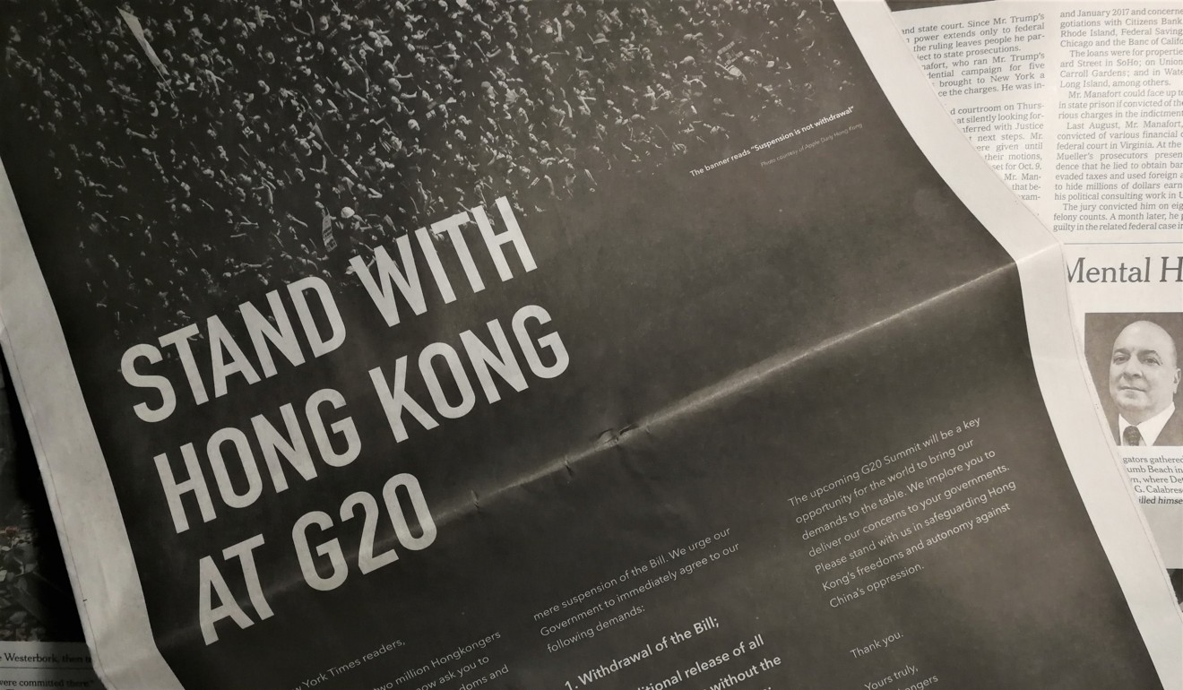 An ad placed in international newspapers asking readers to urge governments at last month’s G20 summit to support Hong Kong protests against a proposed extradition bill. Images of the crowdfunded advert appeared to be on WeChat’s blacklist. Photo: Owen Churchill