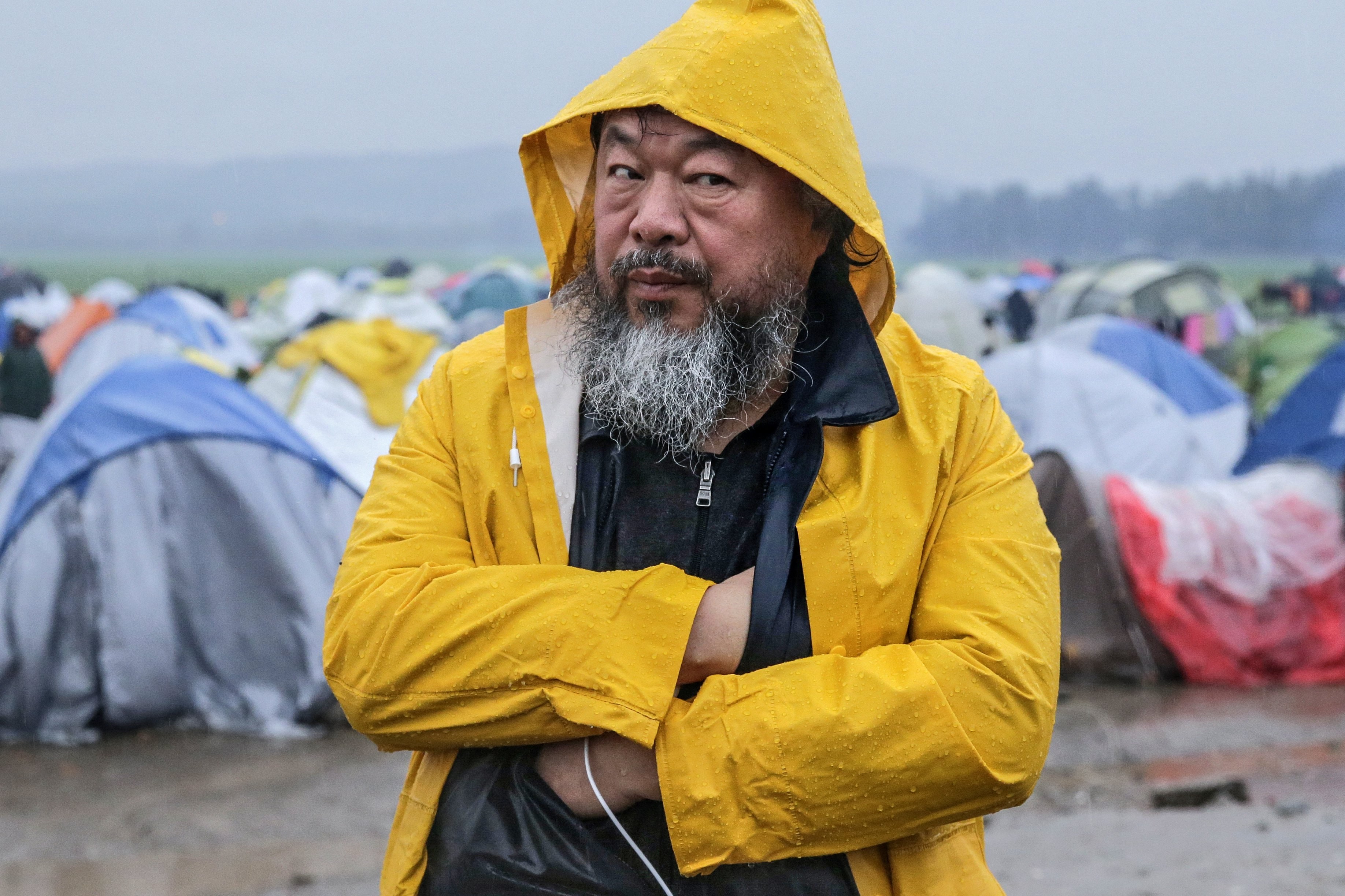 Chinese artist Ai Weiwei at a refugee camp near Idomeni, northern Greece, in March 2016. Photo: EPA
