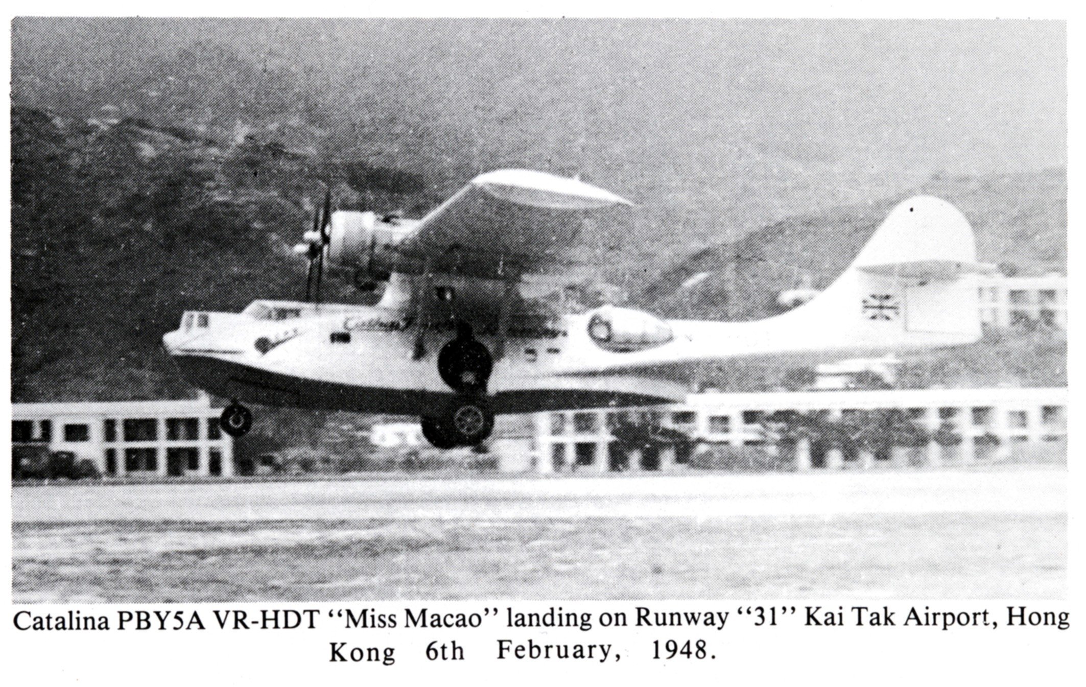 The amphibious Cathay Pacific Airways Catalina plane Miss Macao landing at Kai Tak Airport, in February 1948. Photo: collection of Charles Eather